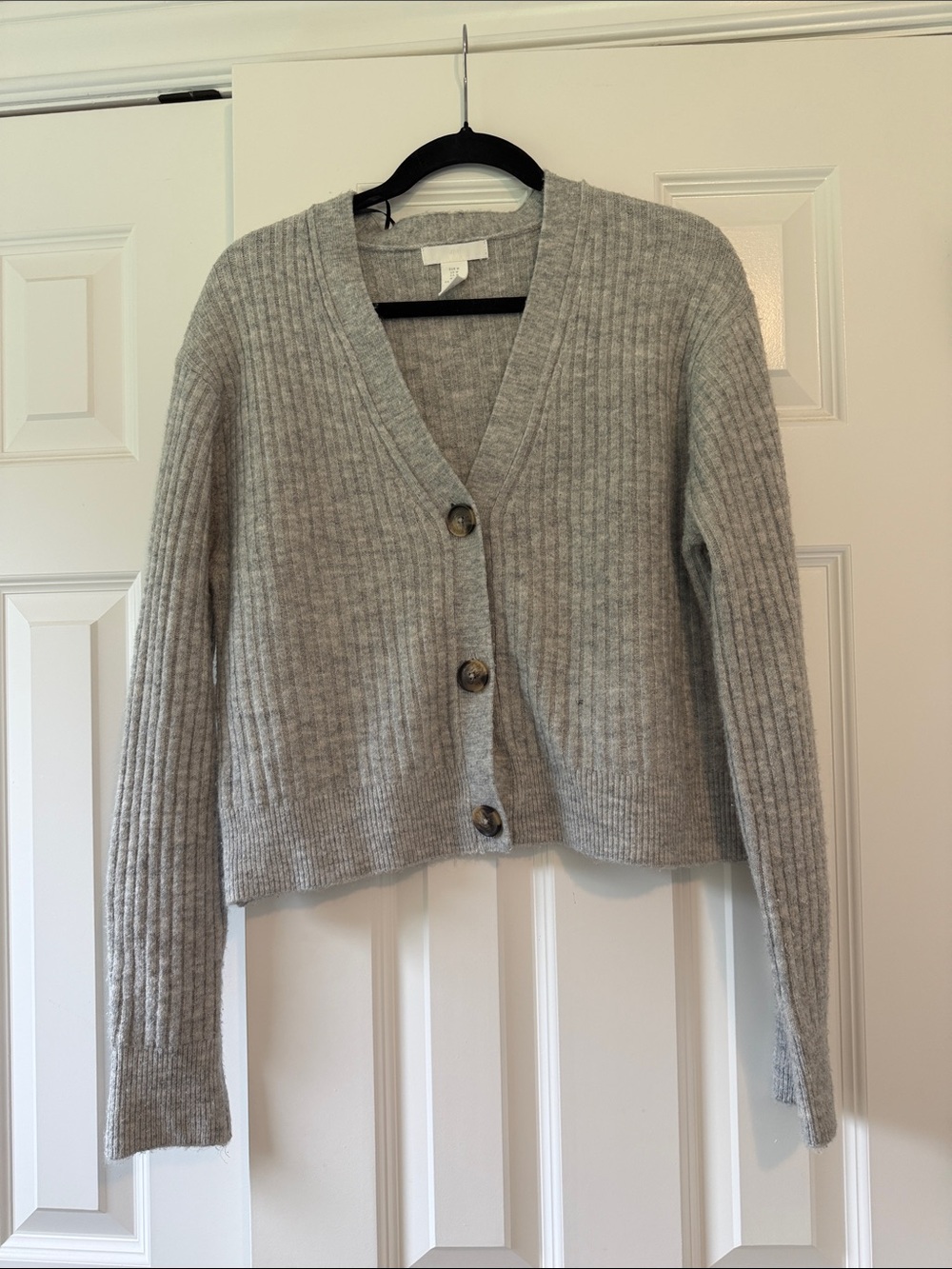 Gray Ribbed V-Neck Cardigan Sweater